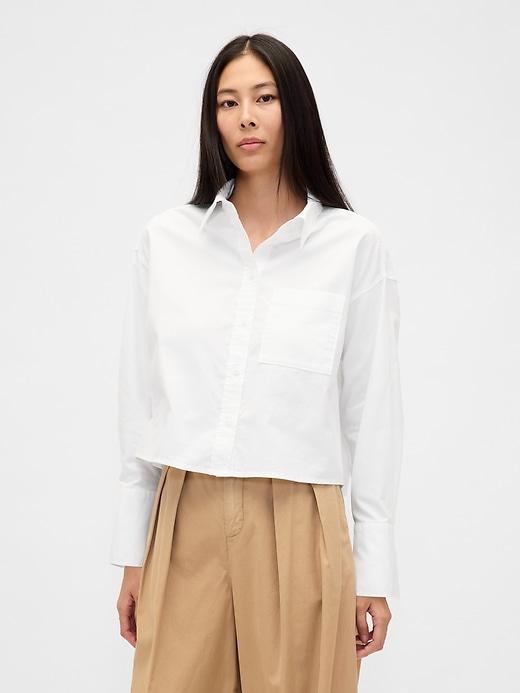 organic cotton embellished straight-hem crop shirt