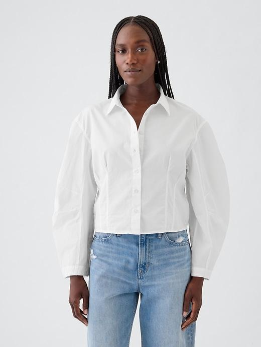 organic cotton poplin barrel-sleeve crop shirt