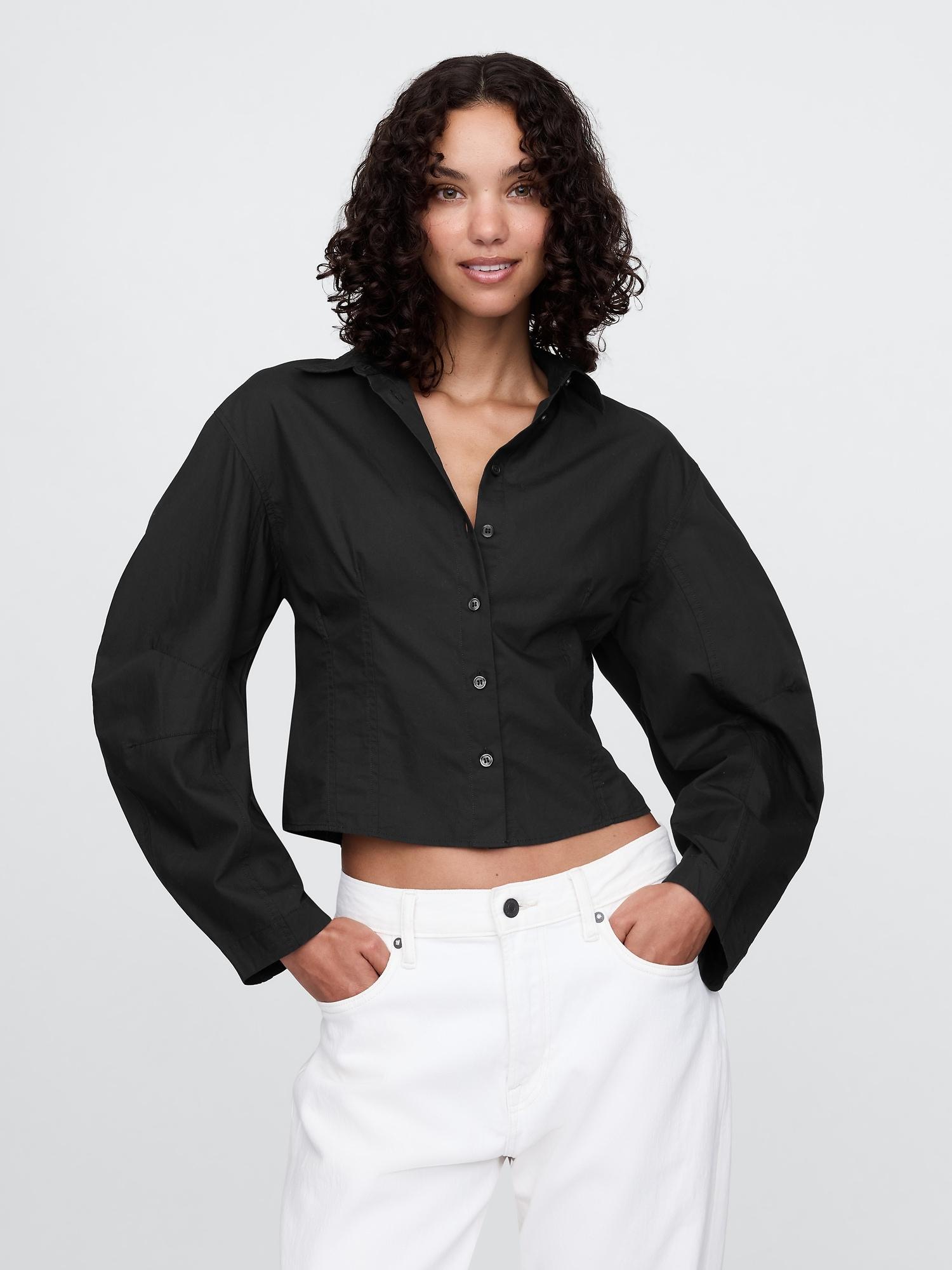 organic cotton poplin barrel-sleeve crop shirt