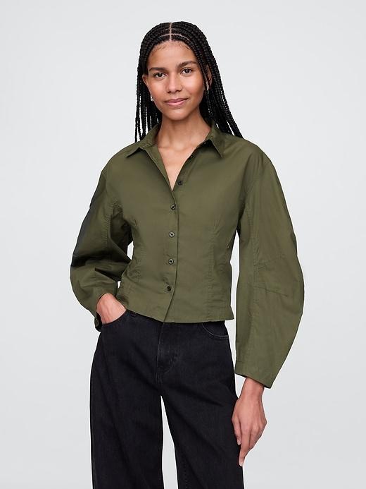organic cotton poplin barrel-sleeve crop shirt