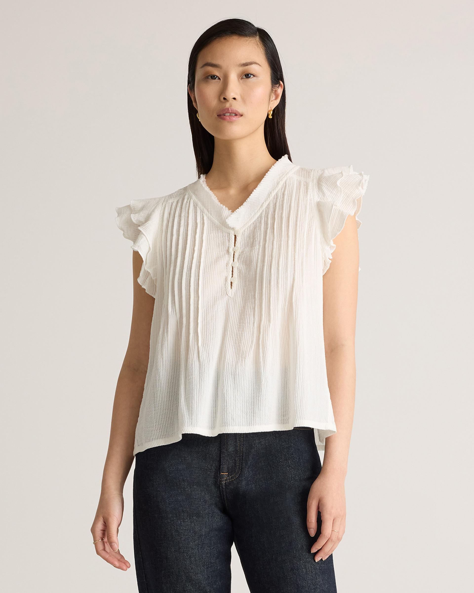 organic textured cotton ruffle short sleeve blouse