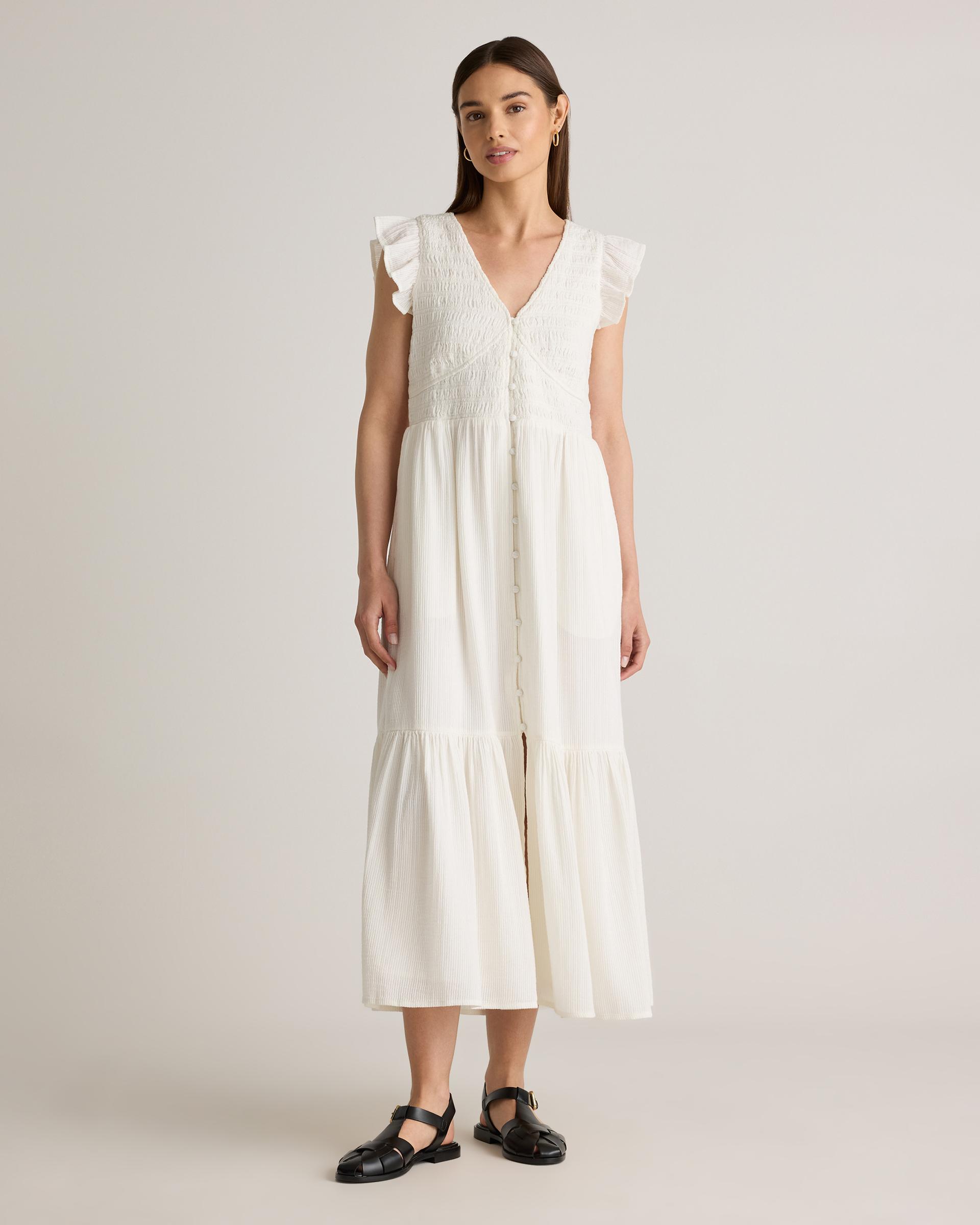organic textured cotton smocked v-neck midi dress