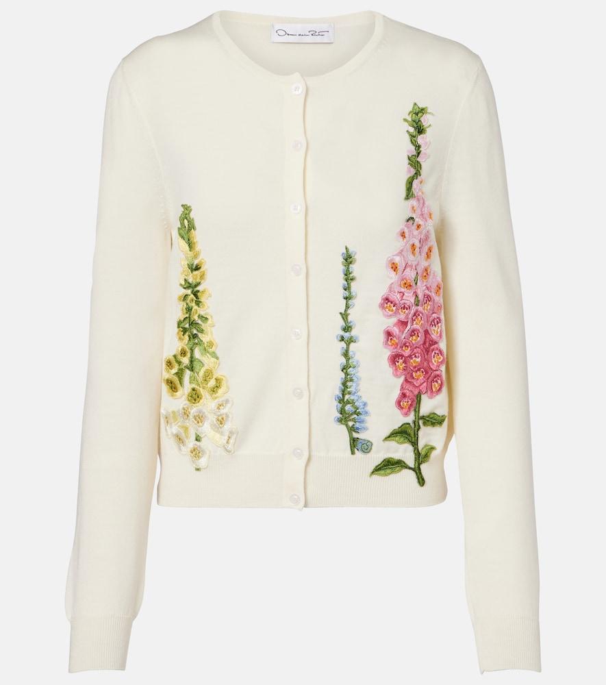oscar de la renta foxgloves embroidered virgin wool cardigan
