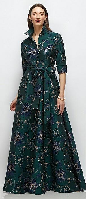 oscar metallic floral jacquard shirt dress gown with sash and jeweled buttons