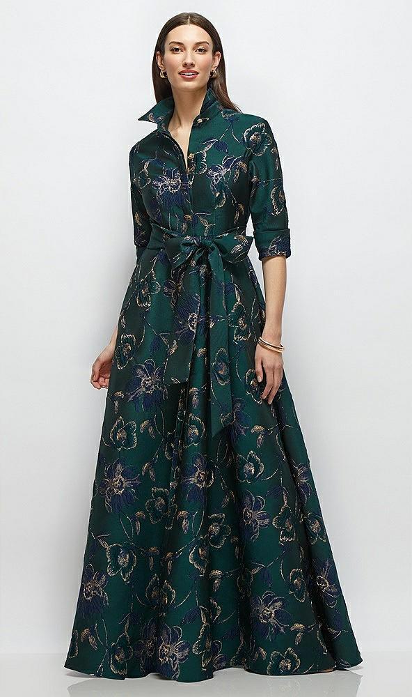 oscar metallic floral jacquard shirt dress gown with sash and jeweled buttons