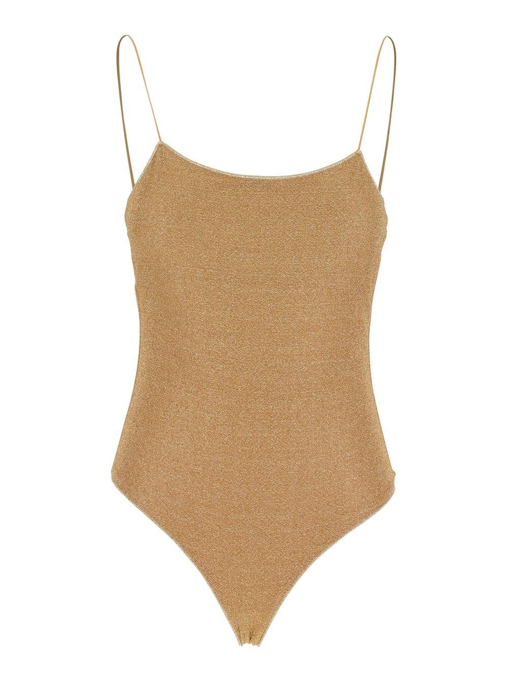 oseree lumière maillot gold colored one-piece swimsuit with deep neckline on the back in lurex woman