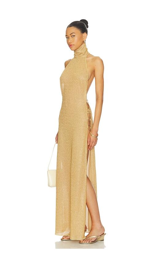 oseree lumiere ring turtleneck dress in metallic gold.