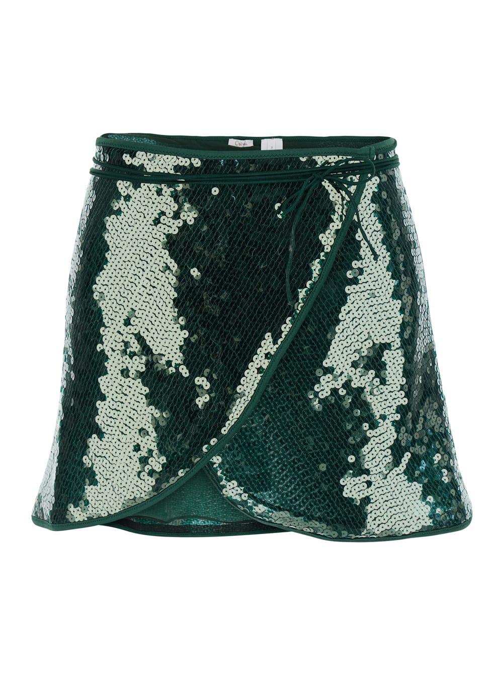 oseree marylin green skirt with mesh details and flared hem in tech fabric for women