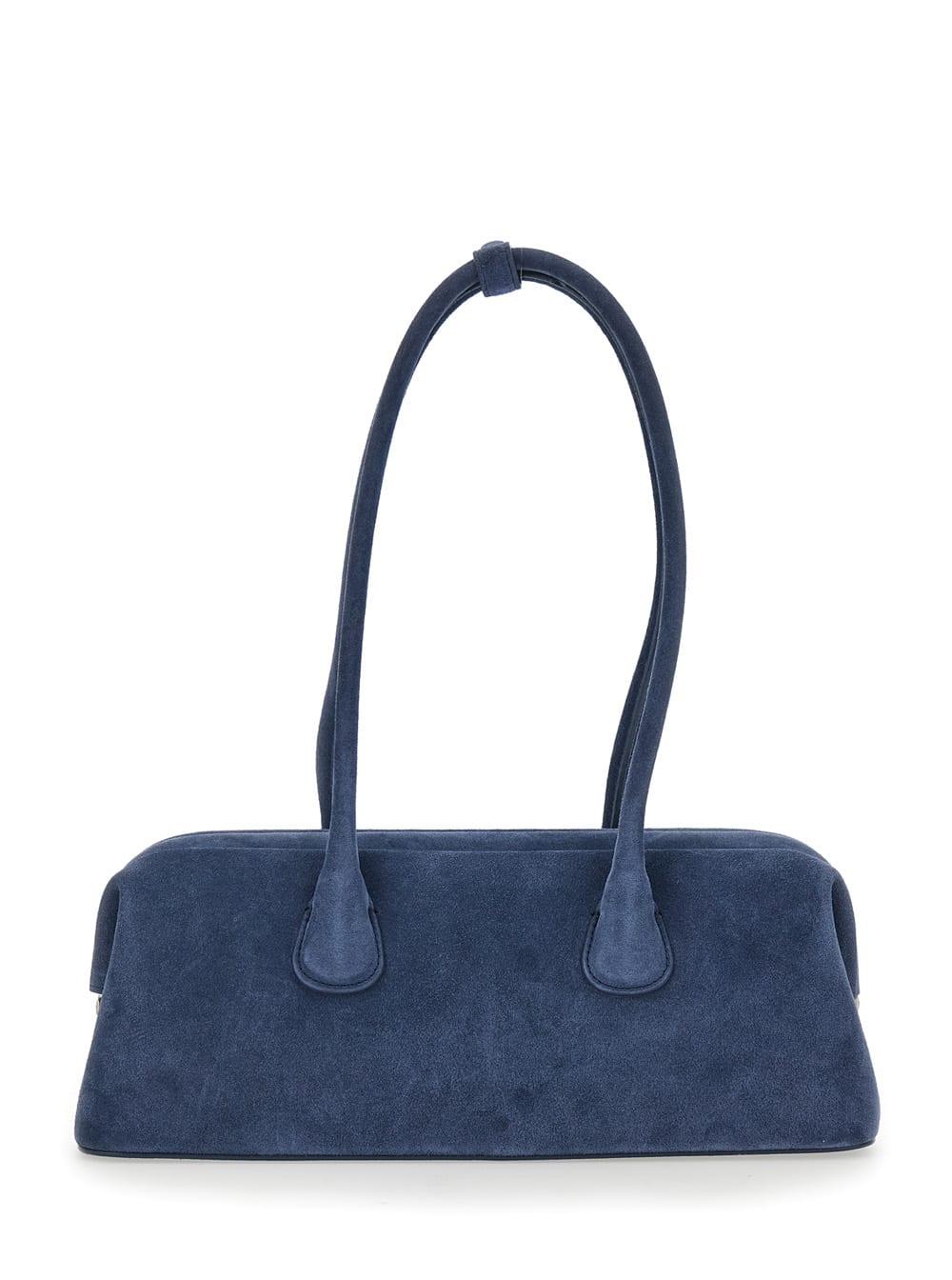 osoi boat wide blue shoulder bag with round handles in suede woman