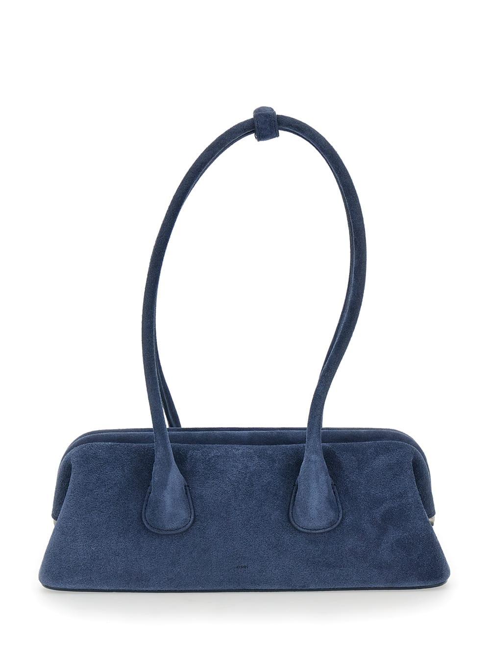 osoi boat wide mini blue shoulder bag with round handles in suede woman