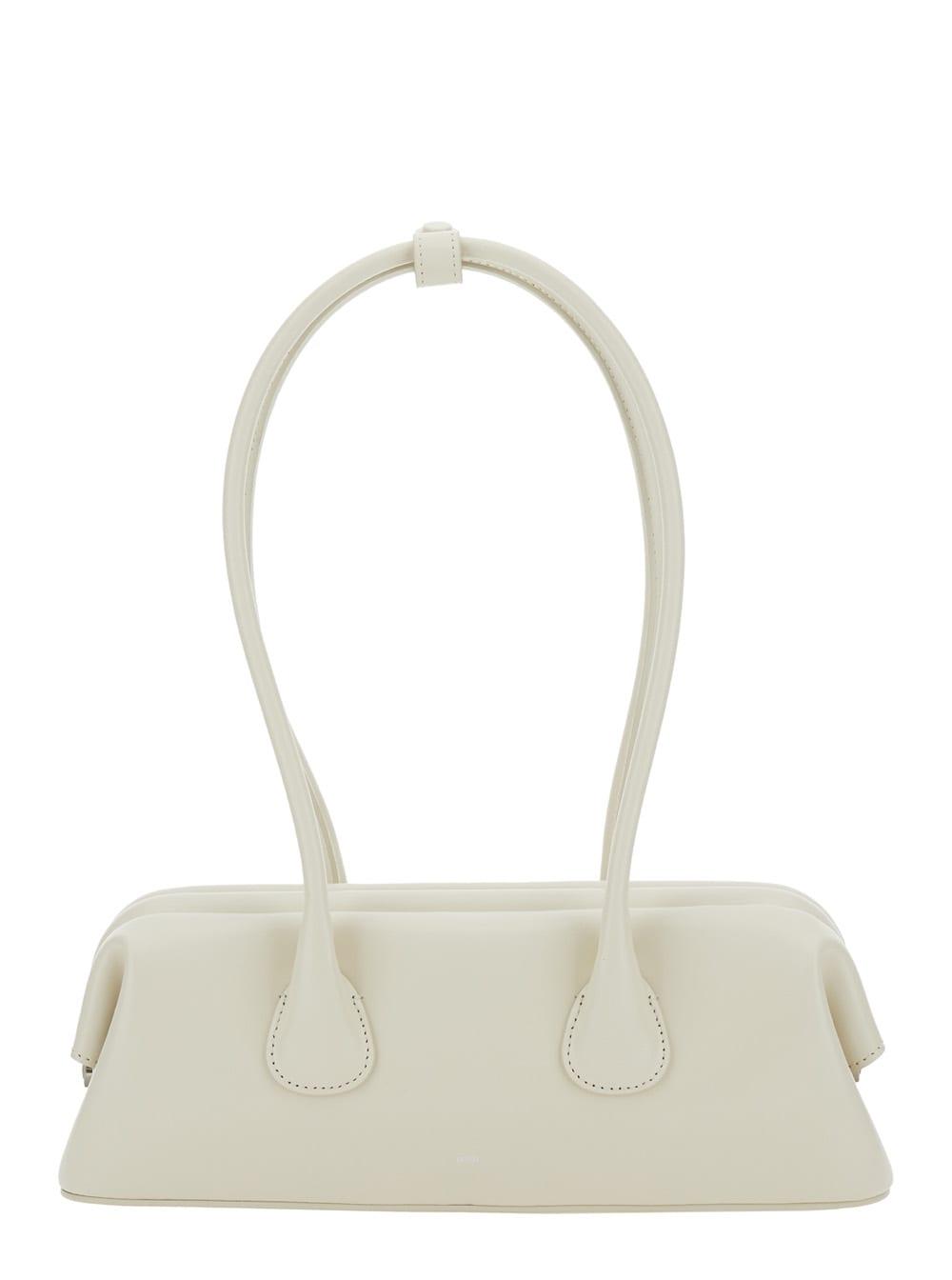 osoi boat wide mini white shoulder bag with round handles and logo lettering on the front in leather woman