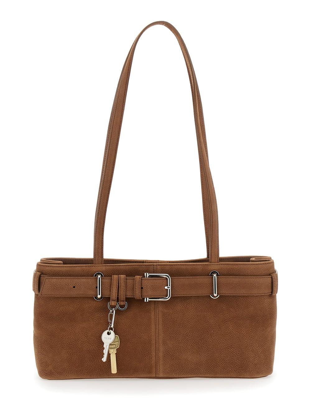 osoi brocle brown shoulder bag with belt and pendant key details in hammered leather woman