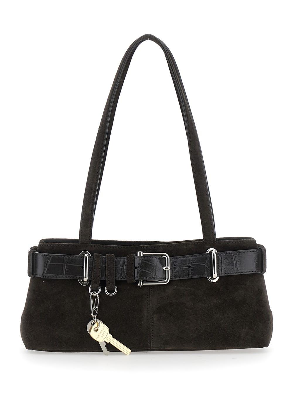 osoi brocle brown shoulder bag with belt and pendant key details in suede woman
