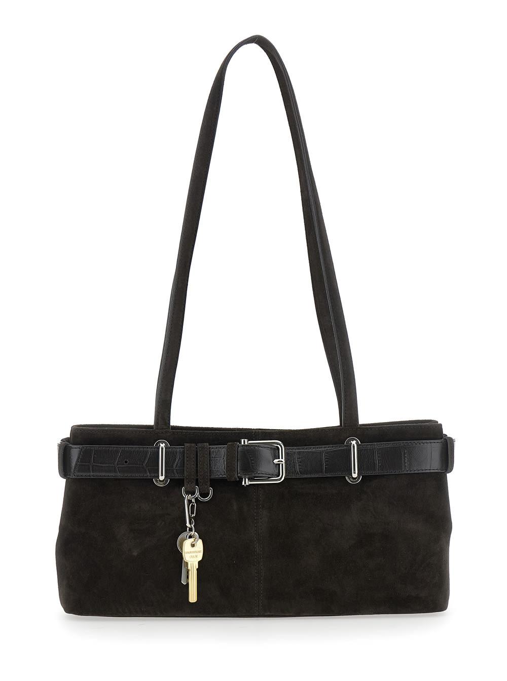 osoi brown shoulder bag with belt detail and pendant keys in suede woman