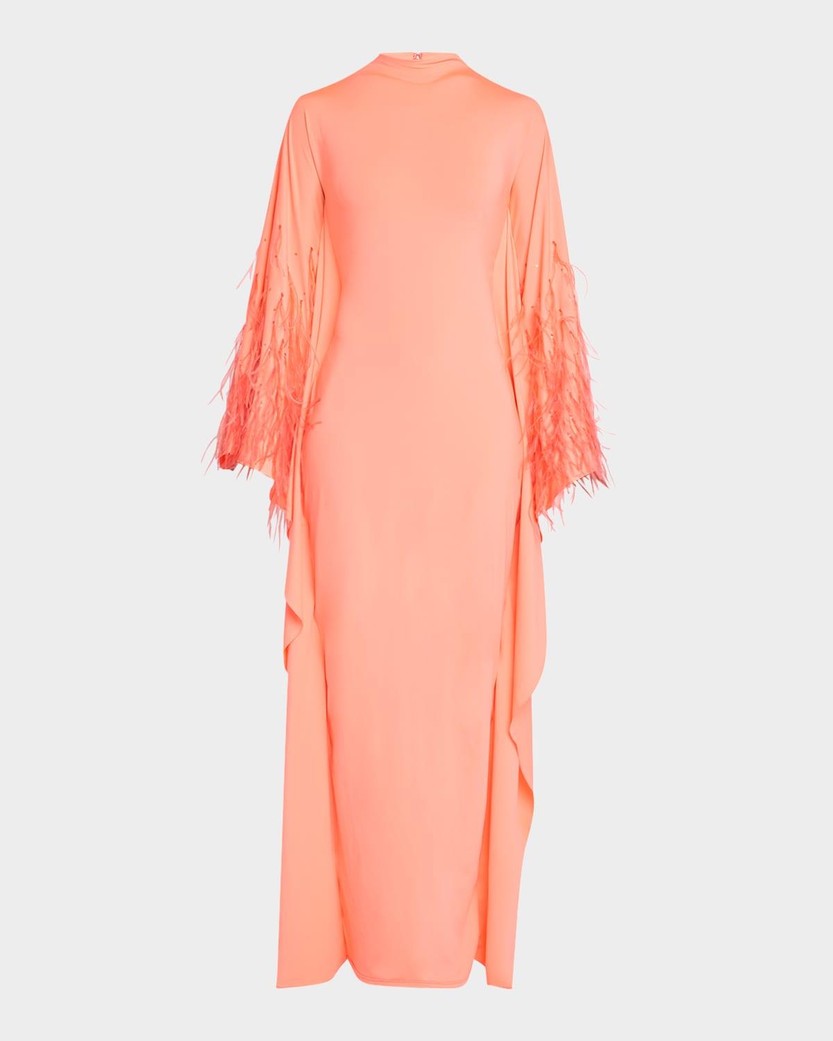 ostrich feather compact jersey batwing gown