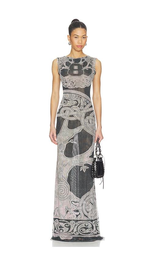 ottolinger mesh maxi gown in black, grey.