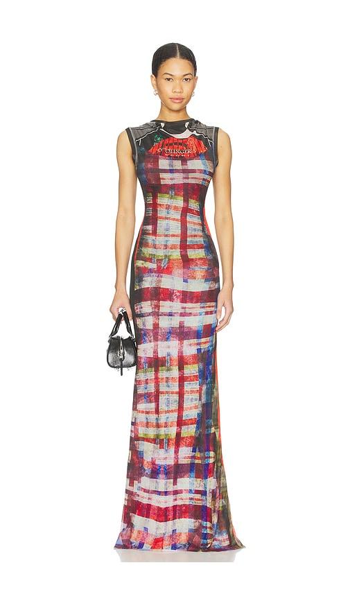 ottolinger mesh maxi gown in racing plaid in black,red.