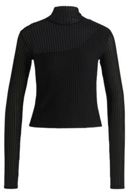 ottoman-structure top with sheer and opaque details- black women's casual tops