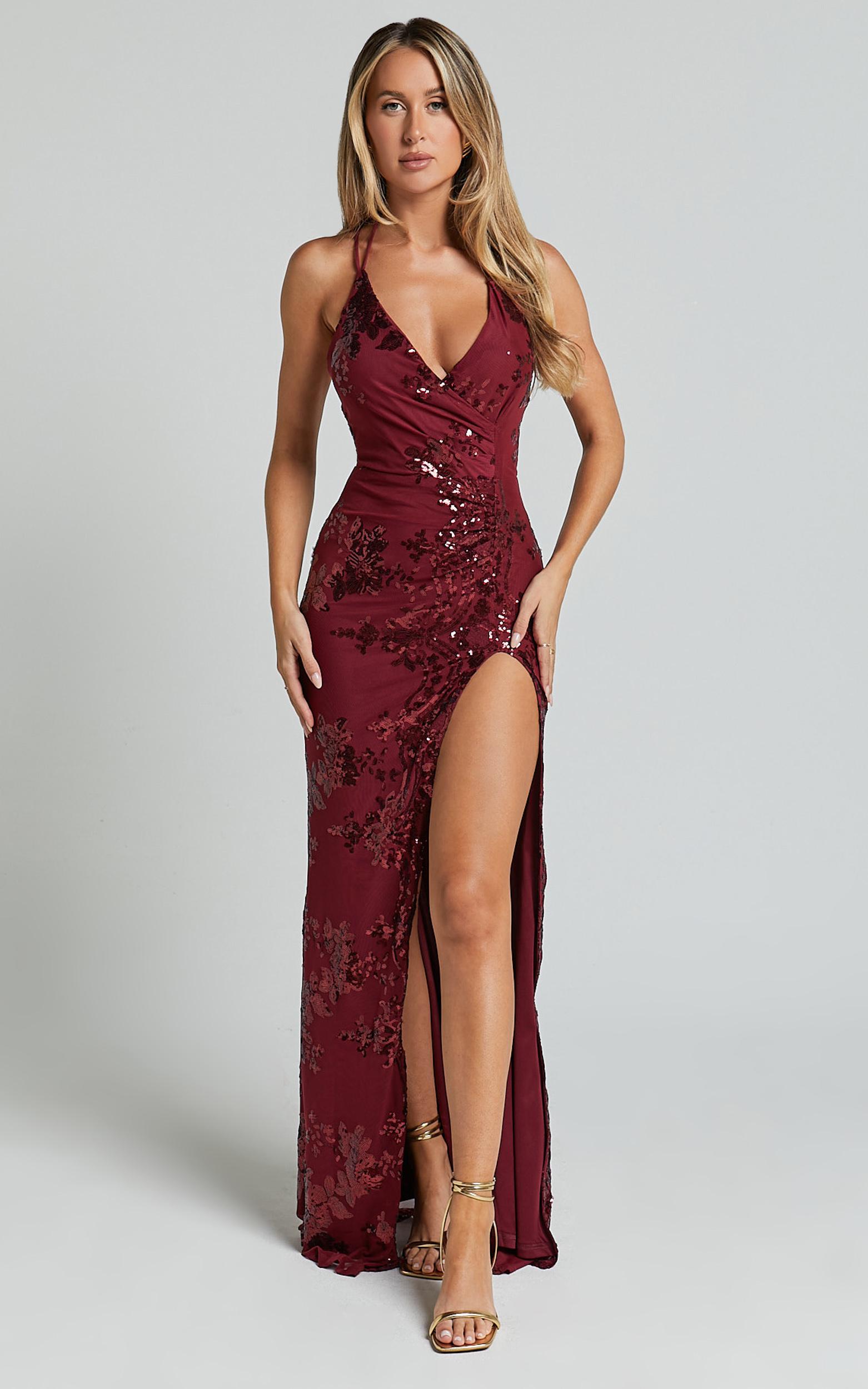 out till dawn maxi dress - thigh split dress in wine sequin
