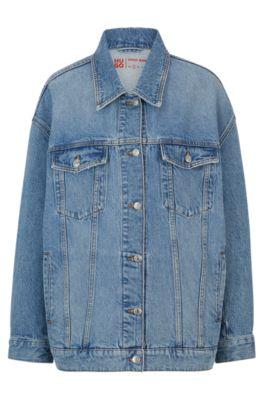 oversize-fit long-length jacket in blue denim- blue women's casual jackets