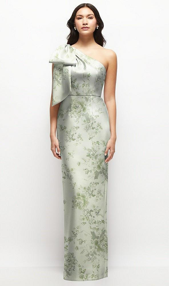 oversized bow one-shoulder floral satin column maxi dress