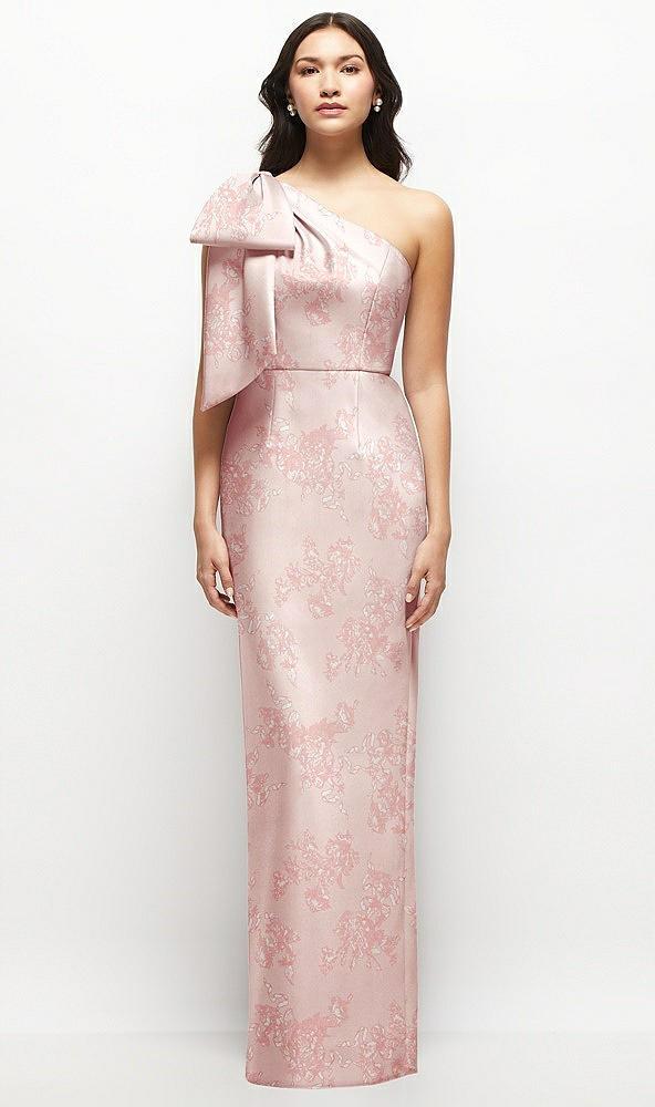 oversized bow one-shoulder floral satin column maxi dress