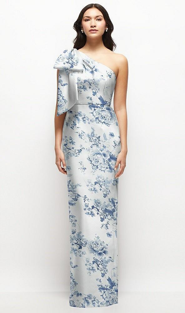 oversized bow one-shoulder floral satin column maxi dress