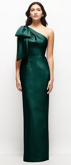 oversized bow one-shoulder satin column maxi dress