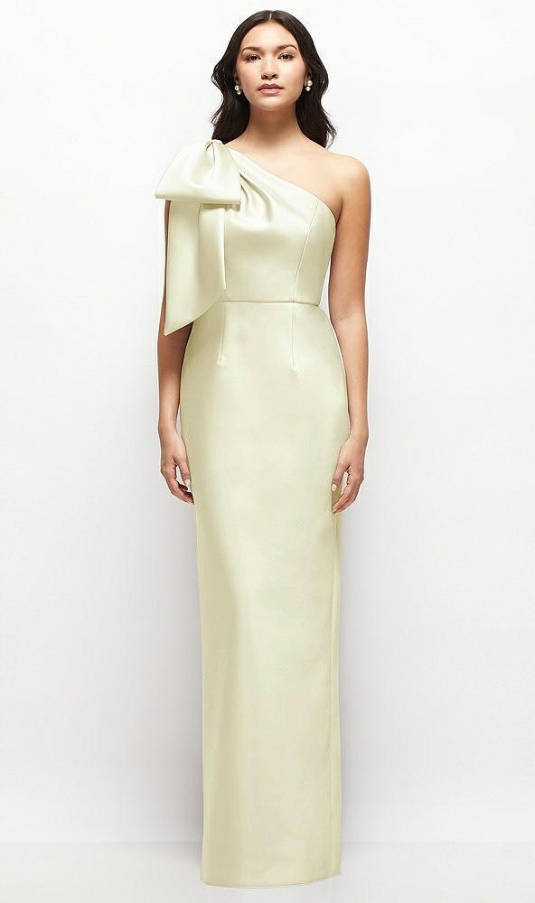 oversized bow one-shoulder satin column maxi dress