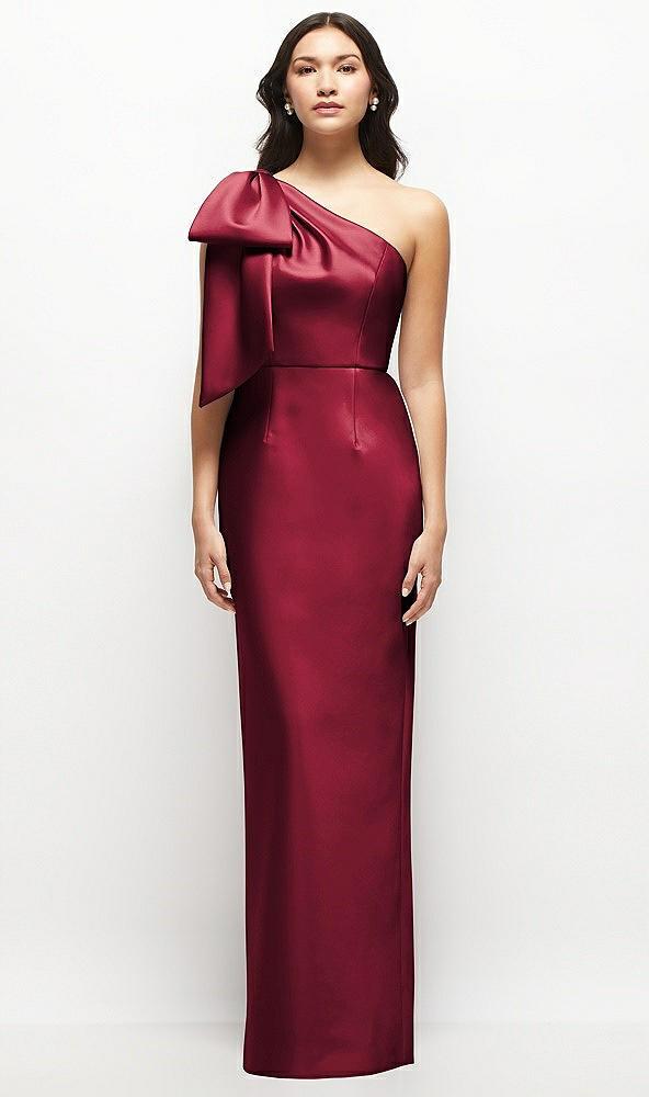 oversized bow one-shoulder satin column maxi dress