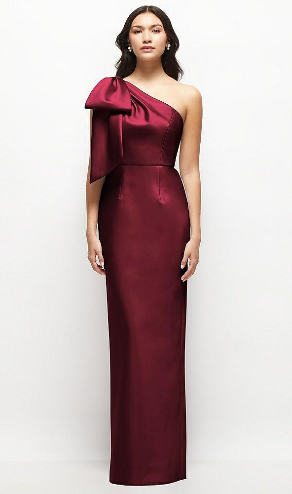 oversized bow one-shoulder satin column maxi dress