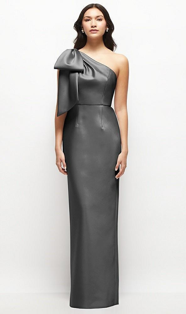 oversized bow one-shoulder satin column maxi dress
