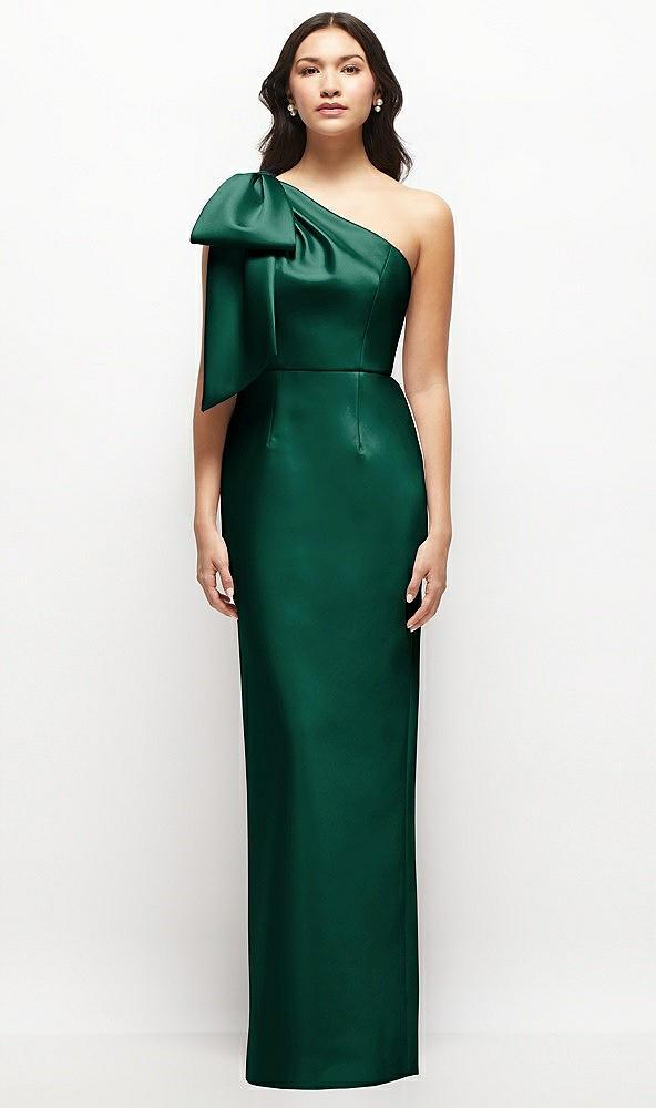 oversized bow one-shoulder satin column maxi dress