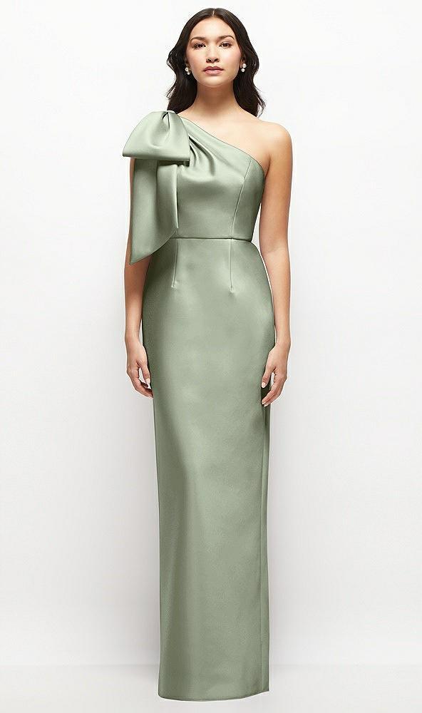 oversized bow one-shoulder satin column maxi dress