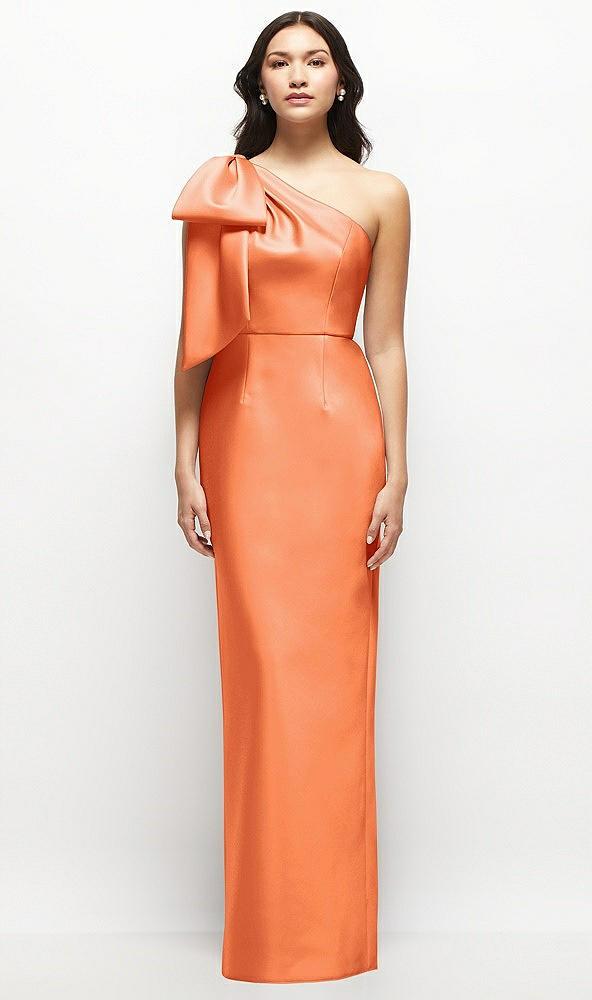 oversized bow one-shoulder satin column maxi dress