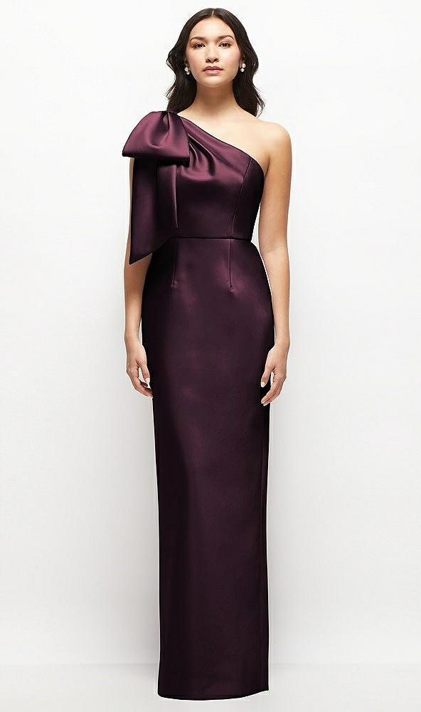 oversized bow one-shoulder satin column maxi dress