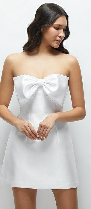 oversized bow strapless little white mini dress with pearl accents