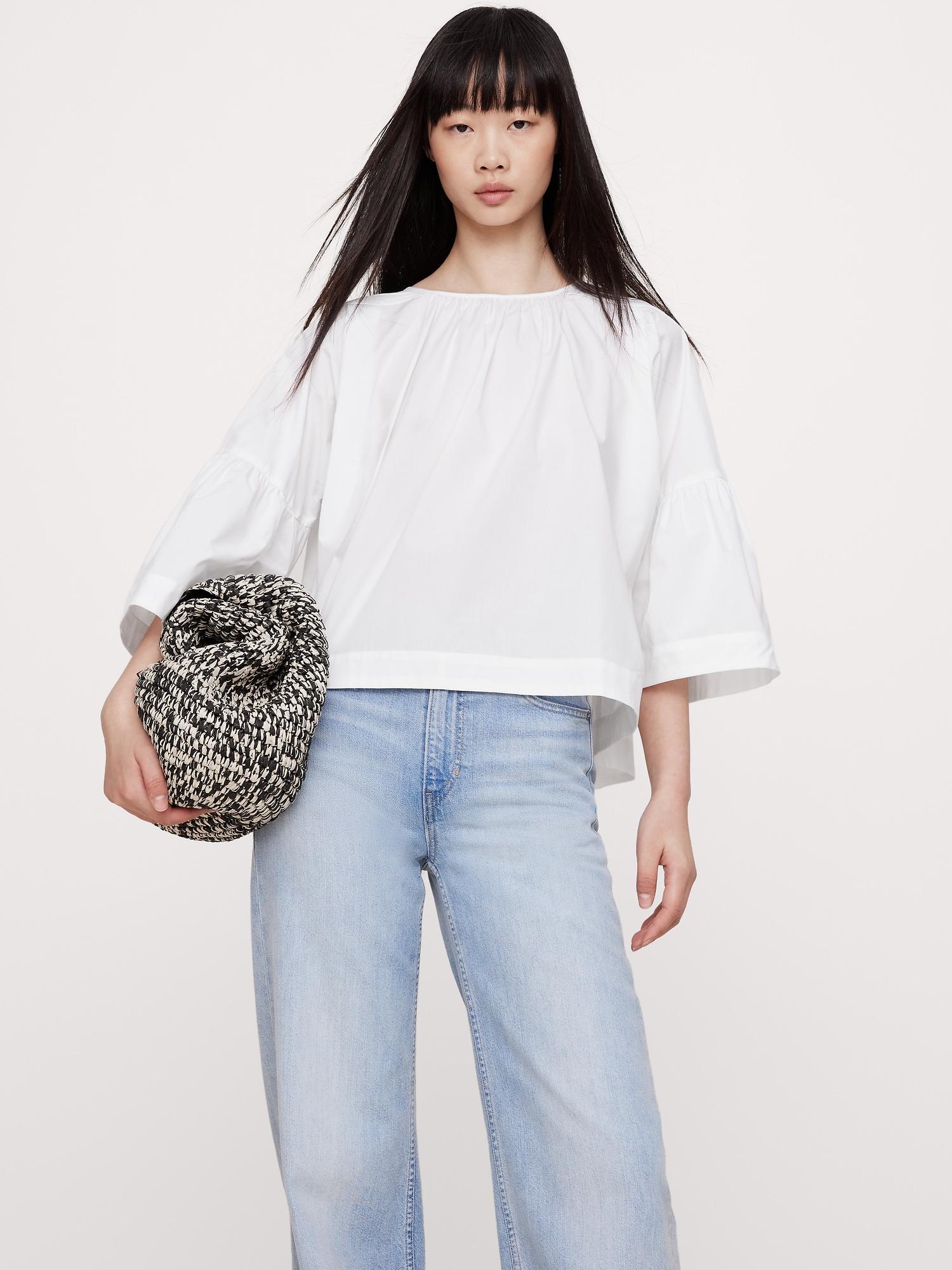 oversized cotton poplin shirred top