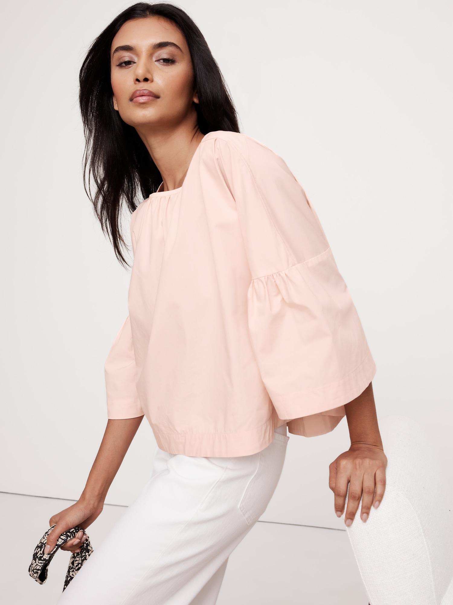 oversized cotton poplin shirred top