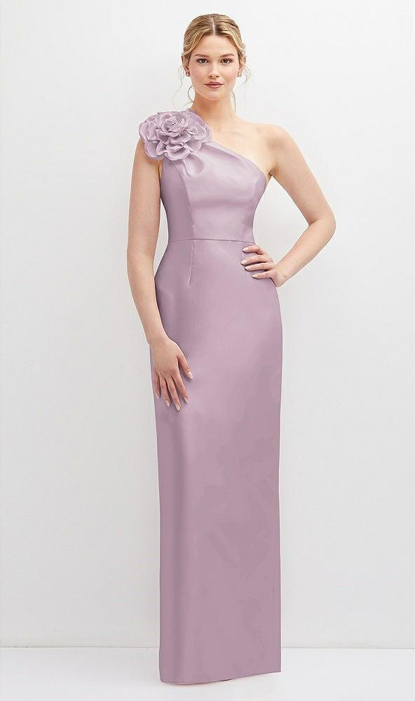 oversized flower one-shoulder satin column dress