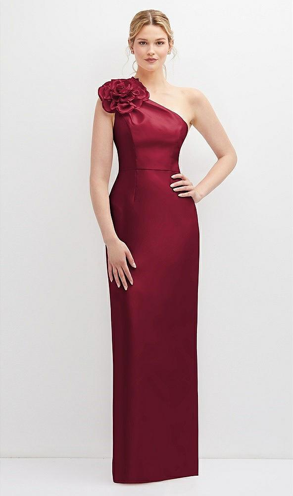 oversized flower one-shoulder satin column dress