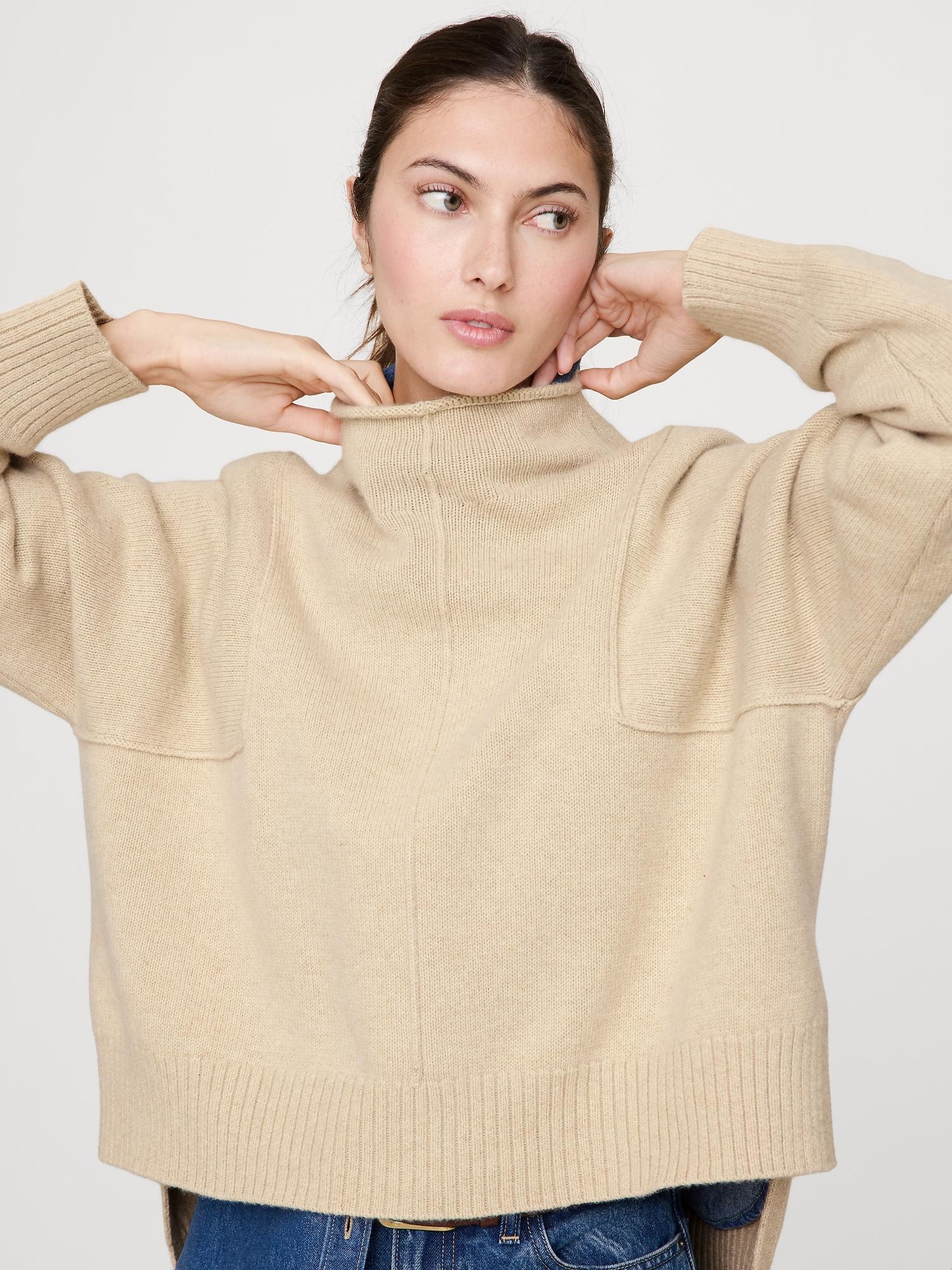 oversized merino-cotton high-low funnel-neck sweater