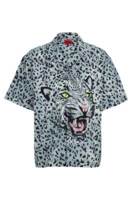 oversized short-sleeved shirt in animal-print cotton- light grey men's shirts