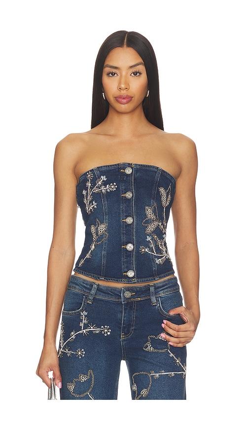 ow collection nova embellished denim top in blue.