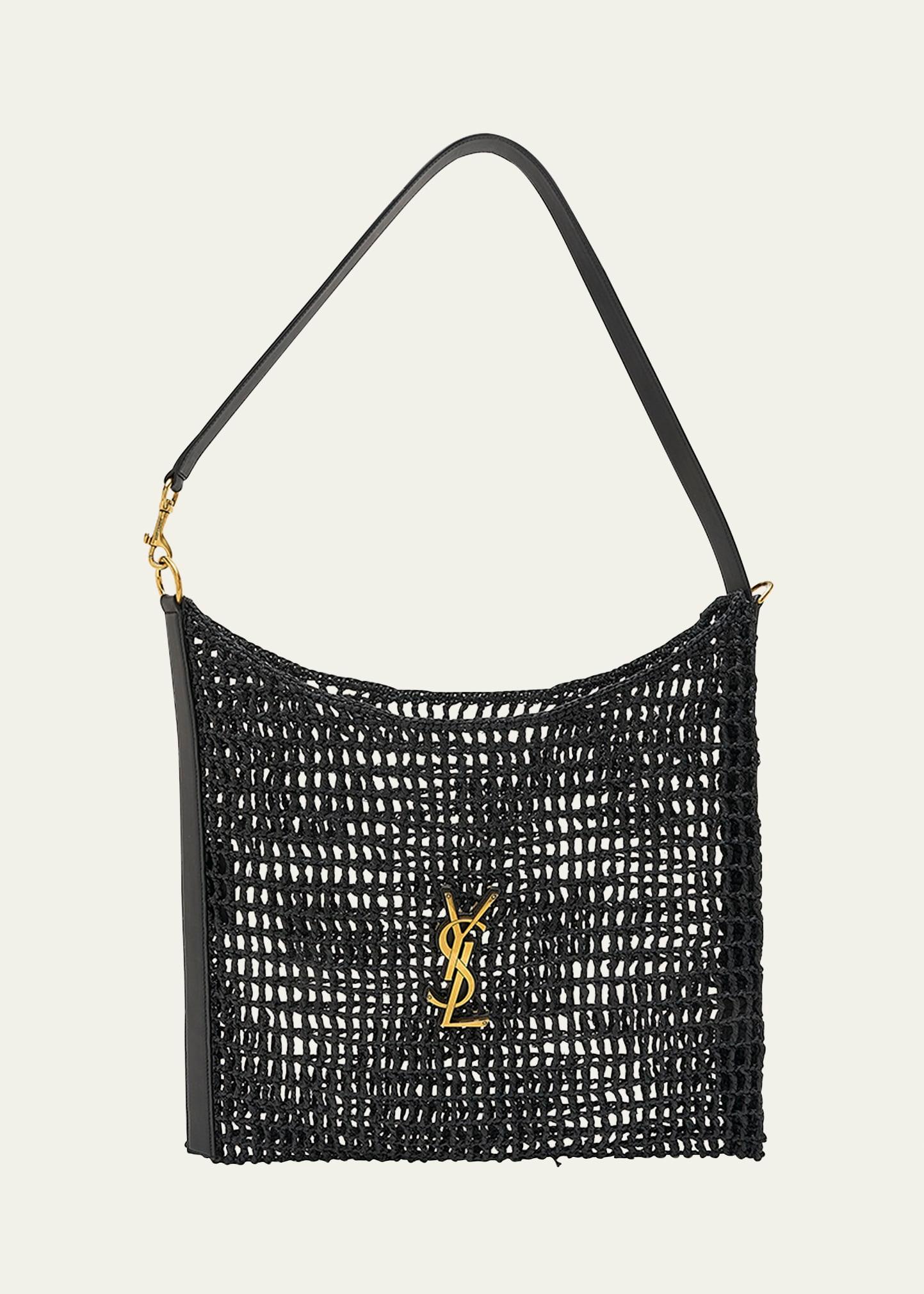 oxalis ysl monogram shoulder bag in raffia with bronze hardware