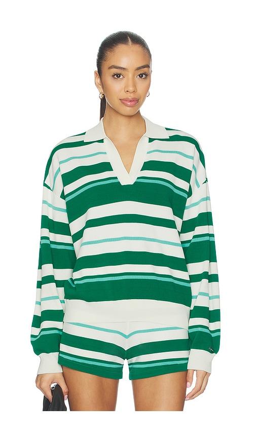 p.e nation retreat stripe collar knit pullover in green.