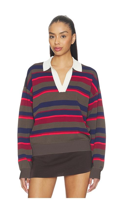 p.e nation retreat stripe collar knit pullover in red.