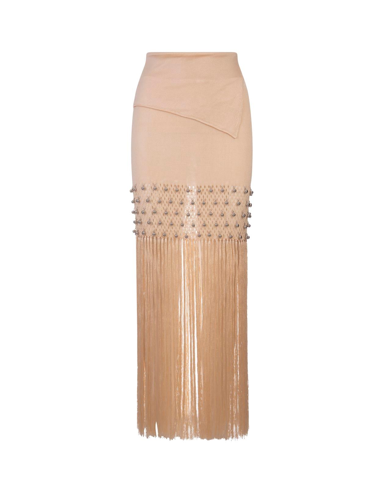 paco rabanne nude long skirt with fringes and pearls
