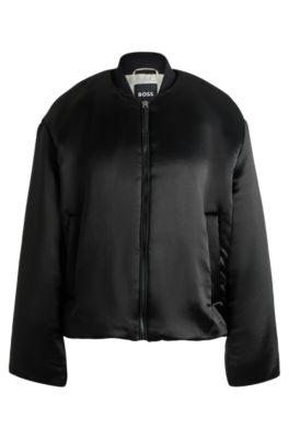 padded bomber jacket in satin- black women's casual jackets
