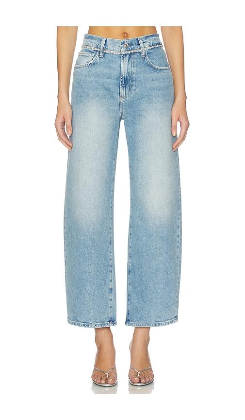 paige arellia ankle barrel leg jeans in blue.